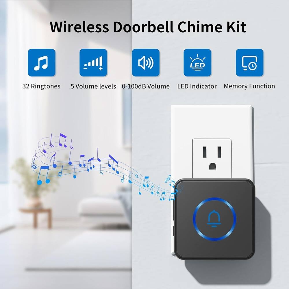 Wireless Doorbell Chime Kit

- 32 Ringtones
- 5 Volume levels
- 0-100dB Volume
- LED Indicator
- Memory Function
