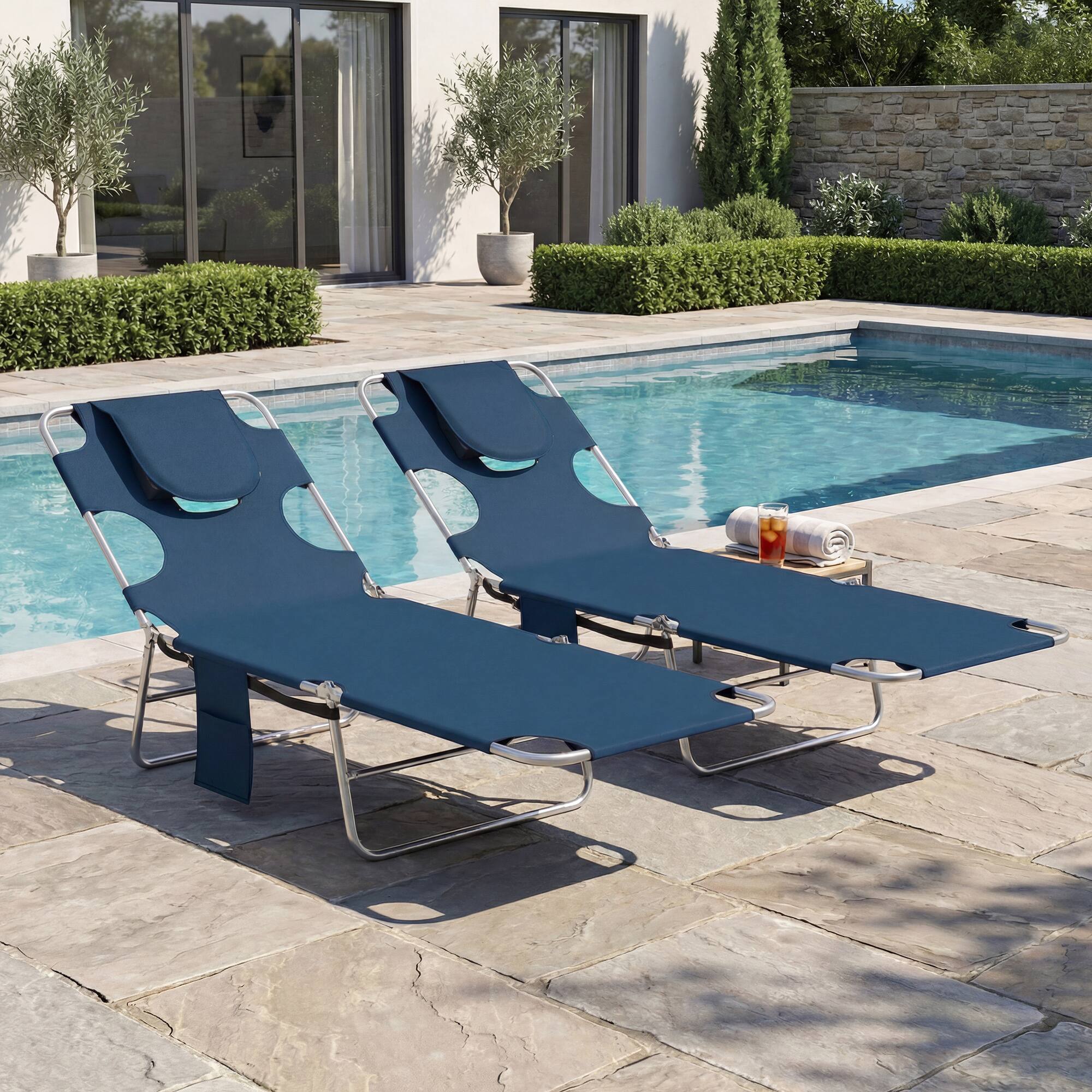 Alt View 7. Outsunny - Tanning Chairs with Face Hole, 5-Level Adjustable Outdoor Chaise Lounge Chair with Pillow for Beach, Pool - Dark Blue.