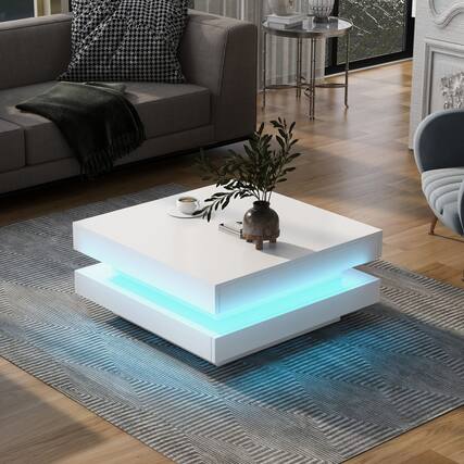 Front. GOODSILO - Modern LED Illuminated Two-Tier Square Coffee Table with High-Gloss Finish for Living Room - White.