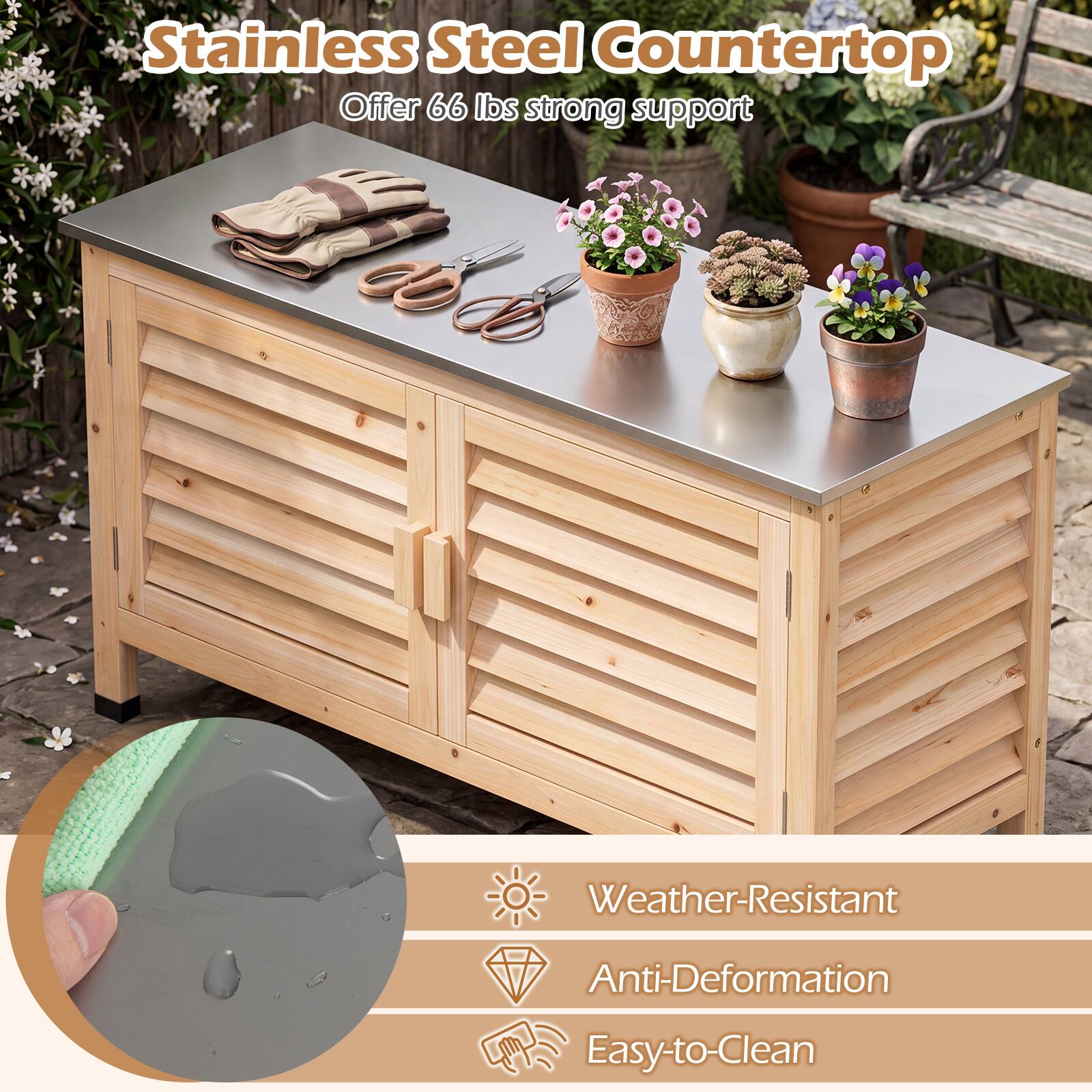 Stainless Steel Countertop  
Offer 66 lbs strong support  
Weather-Resistant  
Anti-Deformation  
Easy-to-Clean