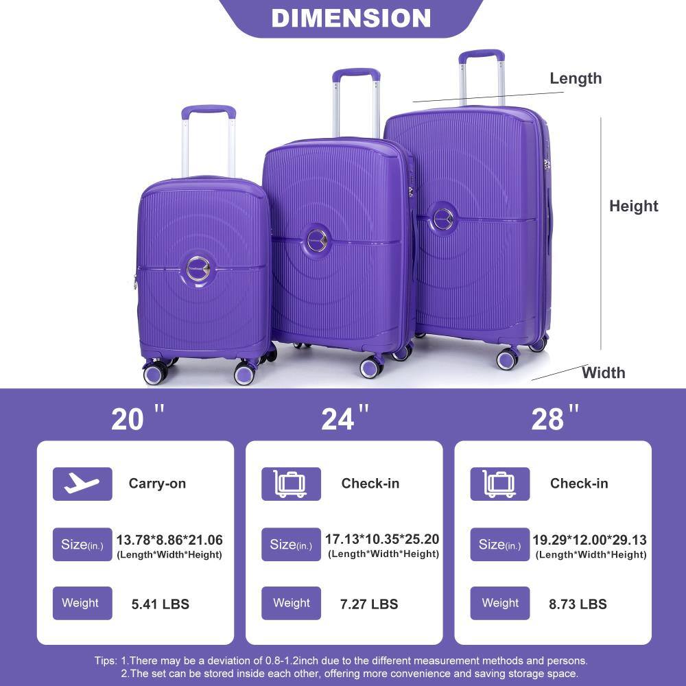 **DIMENSION**

- **20" Carry-on**
  - Size (in.): 13.78" x 8.86" x 21.06" (Length x Width x Height)
  - Weight: 5.41 LBS

- **24" Check-in**
  - Size (in.): 17.13" x 10.35" x 25.20" (Length x Width x Height)
  - Weight: 7.27 LBS

- **28" Check-in**
  - Size (in.): 19.29" x 12.00" x 29.13" (Length x Width x Height)
  - Weight: 8.73 LBS

**Tips:**
1. There may be a deviation of 0.8-1.2 inch due to different measurement methods and persons.
2. The set can be stored inside each other, offering more convenience and saving storage space.