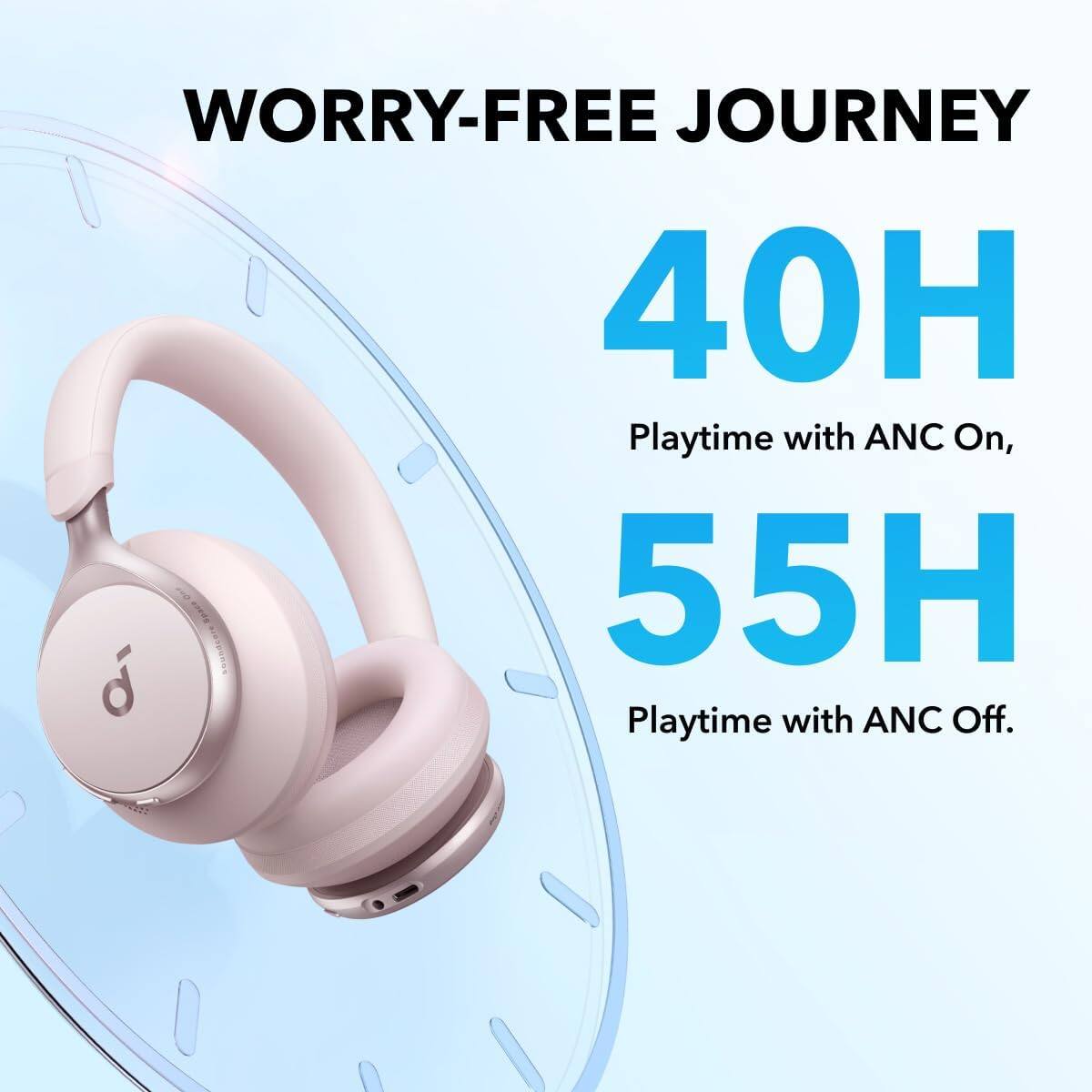 WORRY-FREE JOURNEY

40H  
Playtime with ANC On,

55H  
Playtime with ANC Off.