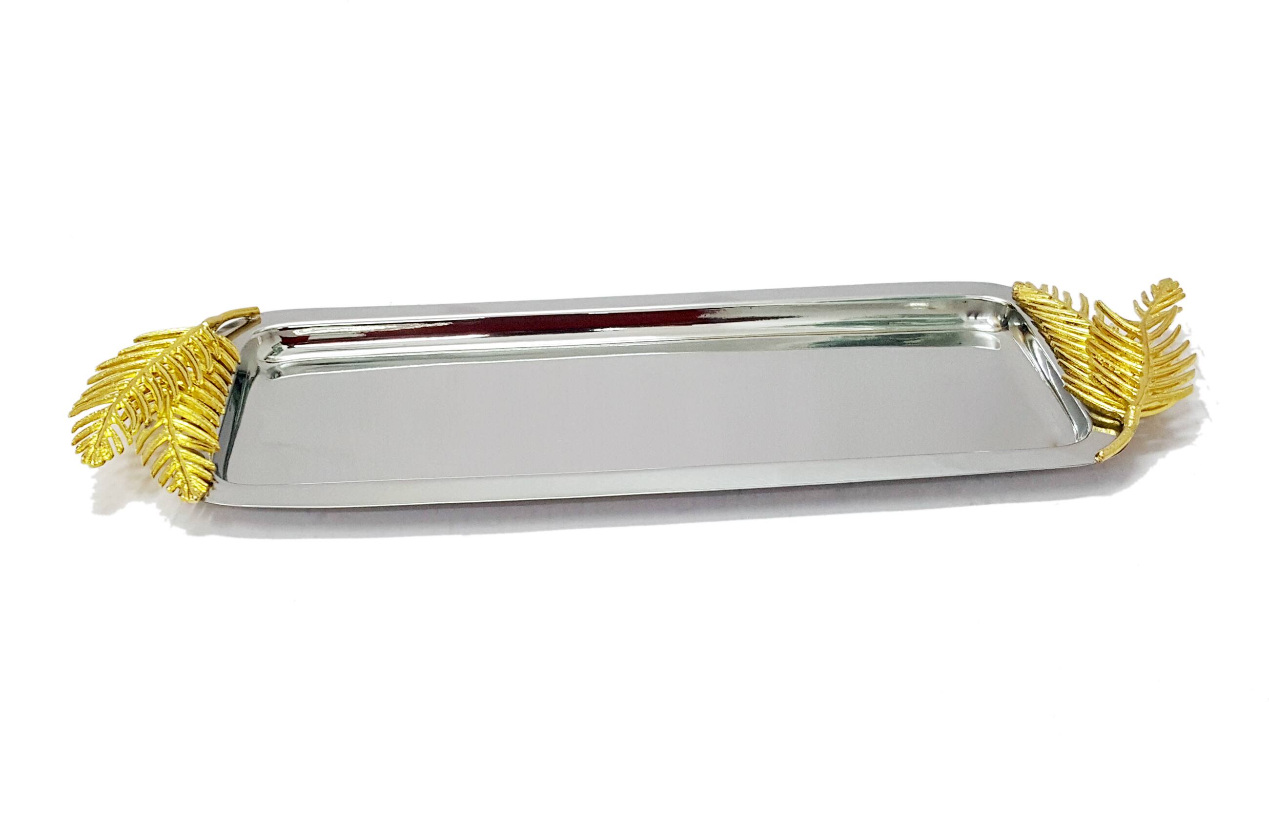 Front. Jiallo - Aurelia Leaf Rectangular tray w/gold fern: 15x6" - Silver /Gold.