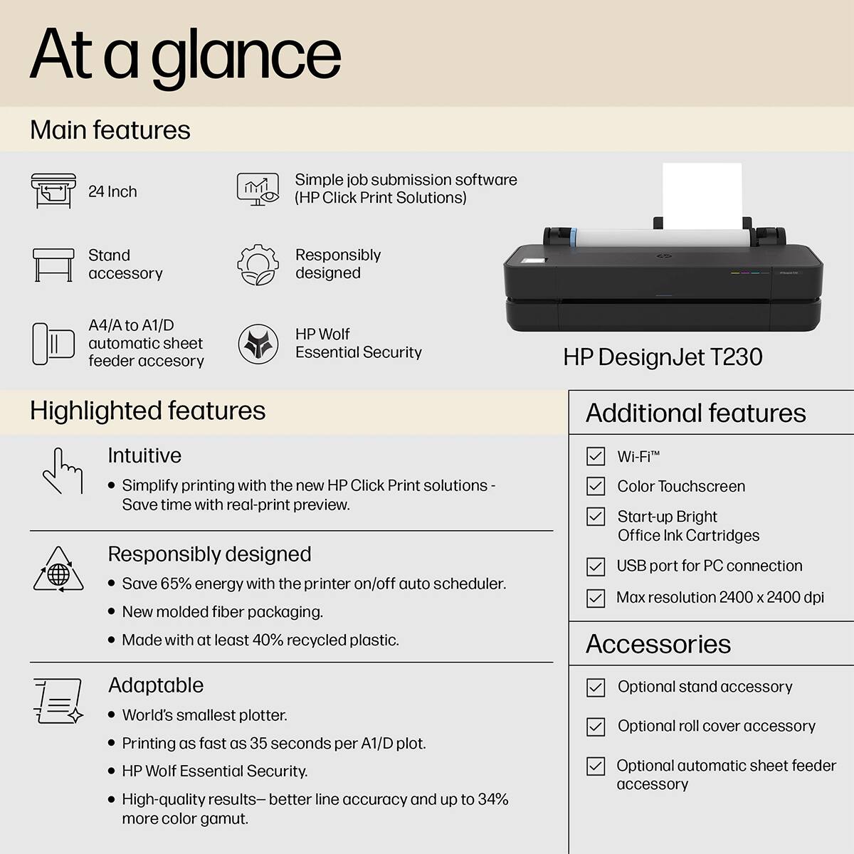 At a glance

Main features
- 24 Inch
- Simple job submission software (HP Click Print Solutions)
- Stand accessory
- Responsibly designed
- A4/A to A1/D automatic sheet feeder accessory
- HP Wolf Essential Security
- HP DesignJet T230

Highlighted features
- Intuitive
  - Simplify printing with the new HP Click Print solutions
  - Save time with real-print preview.
- Responsibly designed
  - Save 65% energy with the printer on/off auto scheduler
  - New molded fiber packaging
  - Made with at least 40% recycled plastic
- Adaptable
  - World's smallest plotter
  - Printing as fast as 35 seconds per A1/D plot
  - HP Wolf Essential Security
  - High-quality results - better line accuracy and up to 34% more color gamut

Additional features
- Wi-Fi
- Color Touchscreen
- Start-up Bright
- Office Ink Cartridges
- USB port for PC connection
- Max resolution 2400 x 2400 dpi

Accessories
- Optional stand accessory
- Optional roll cover accessory
- Optional automatic sheet feeder accessory