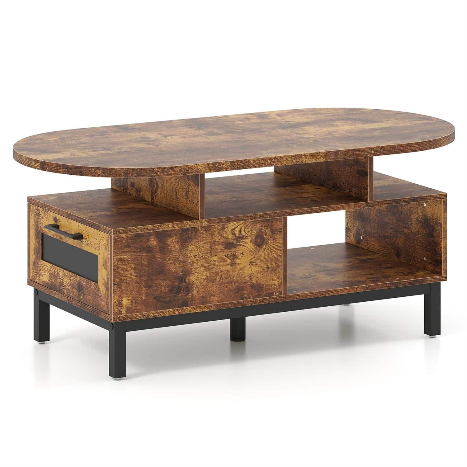 Pefilos - 47" Oval Coffee Table, Combined Storage & Open Compartments, 5-Leg Stability Support, Rustic Black - Brown