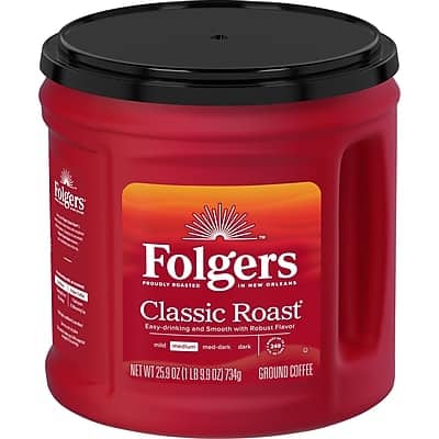 Folgers  
Proudly Roasted in New Orleans  
Classic Roast  
Easy-drinking and Smooth with Robust Flavor  
Medium-Dark  
Net Wt. 25.9 oz (1 lb 9.9 oz) 734g  
Ground Coffee