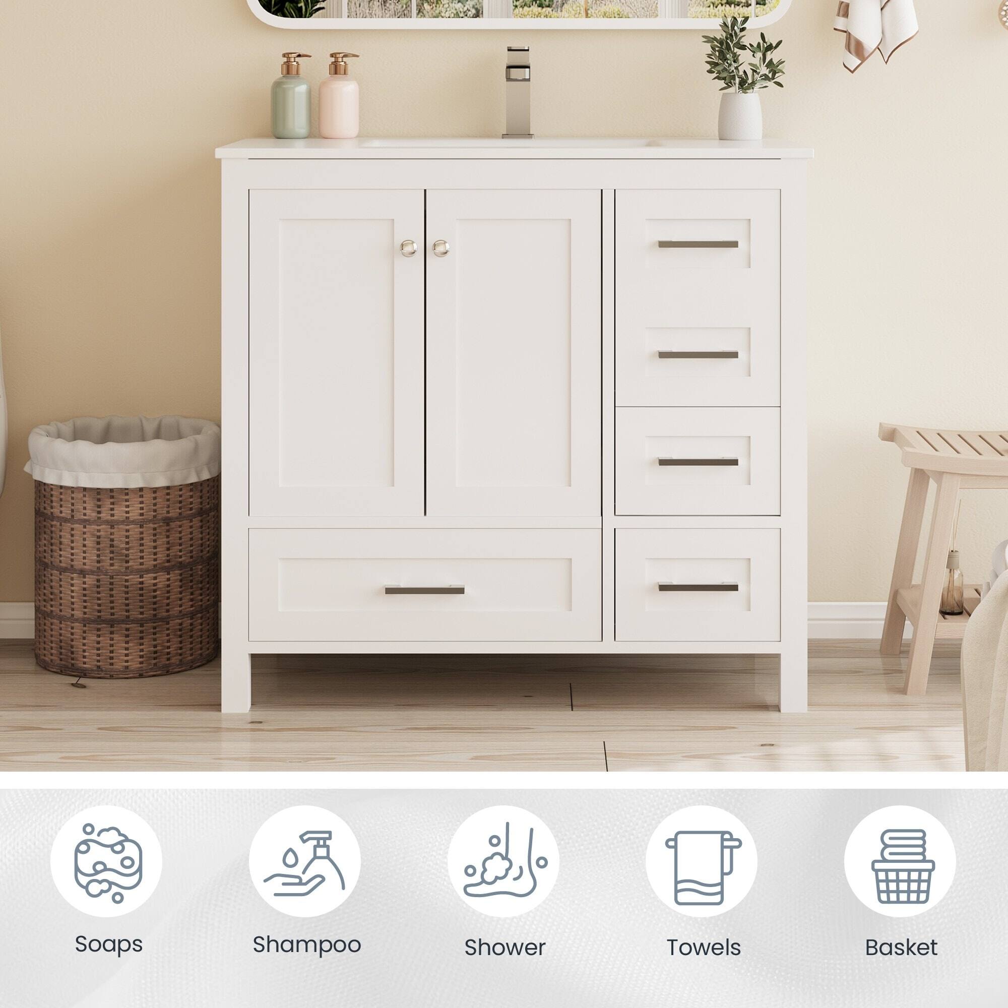 Soaps  
Shampoo  
Shower  
Towels  
Basket