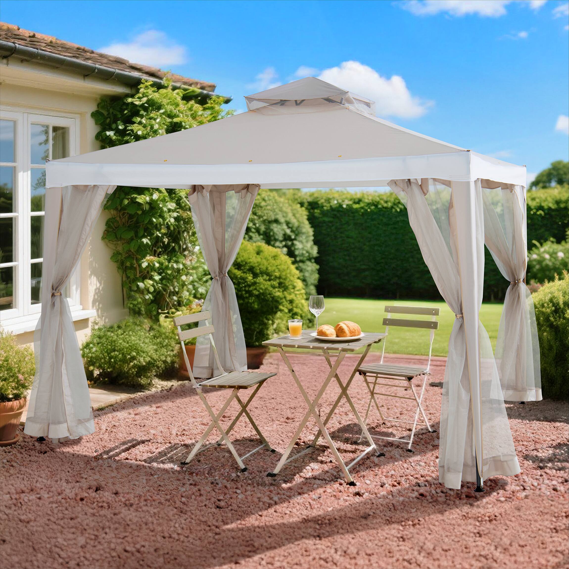 Front. SUNJOY - Sunjoy 10’ x 10’ Outdoor Patio Gazebo Modern 2-Tier Steel Frame Soft Top Gazebo with Mesh Netting - Beige & White.