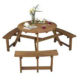 Costway - 6-person Round Wooden Picnic Table Outdoor Table w/ Umbrella Hole & Benches - Dark Brown