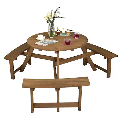 Front. Costway - Costway 6-person Round Wooden Picnic Table Outdoor Table w/ Umbrella Hole & Benches - Dark Brown.