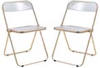 Front. LeisureMod - Lawrence 2-PCS Clear Accent Chair, Folding Acrylic Design with Gold Chrome Frame, Portable Assembled Seating - Clear.