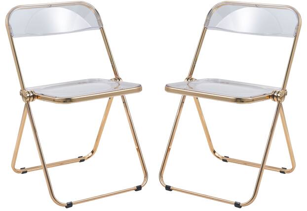 Front. LeisureMod - Lawrence 2-PCS Clear Accent Chair, Folding Acrylic Design with Gold Chrome Frame, Portable Assembled Seating - Clear.