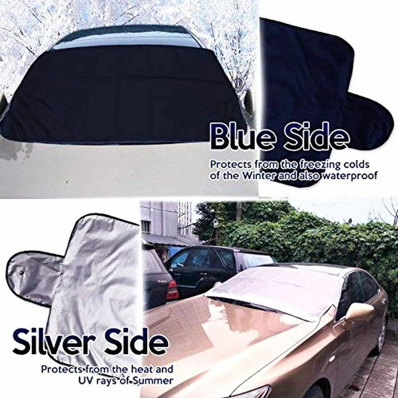 Blue Side Protects from the freezing colds of the Winter and also waterproof

Silver Side Protects from the heat and UV rays of Summer