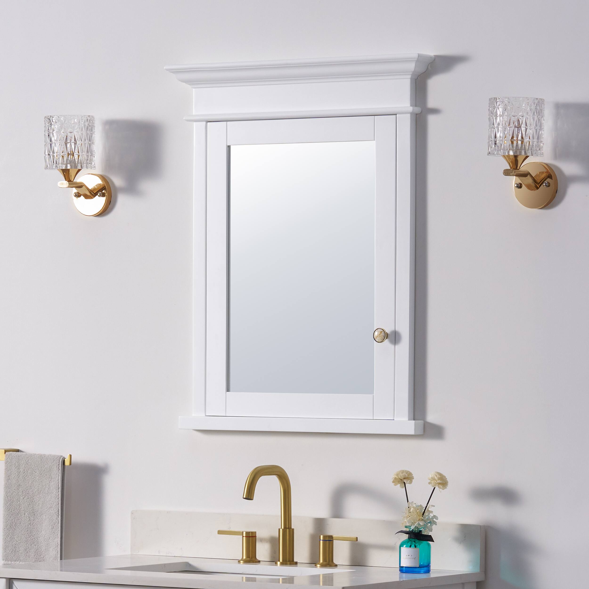 Angle. WELLFOR - 26-Inch W x 36-Inch H Recessed Solid Rubberwood Medicine Cabinet with Left-Hinged Mirrored Door - White.