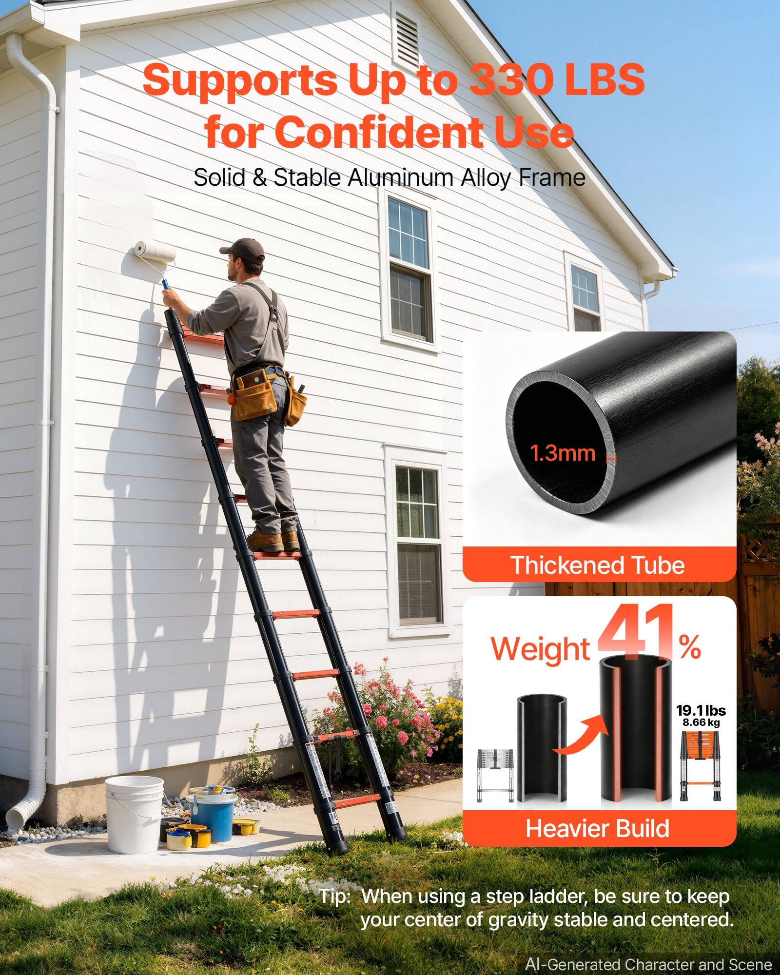 Supports Up to 330 LBS for Confident Use  
Solid & Stable Aluminum Alloy Frame  

1.3mm  
Thickened Tube  
Weight 41%  
19.1 lbs 8.66kg  
Heavier Build  

Tip: When using a step ladder, be sure to keep your center of gravity stable and centered.  

AI-Generated Character and Scene