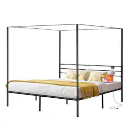 VEVOR - King Size Canopy Bed Frame, Metal Canopy Bed with Charging Station and Four Posters Design - Black