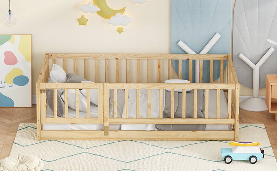 Back. GOODSILO - Twin Size Montessori Floor Bed with Fence and Door, Wood Bed Frame for Kids, Boys & Girls - Oak.