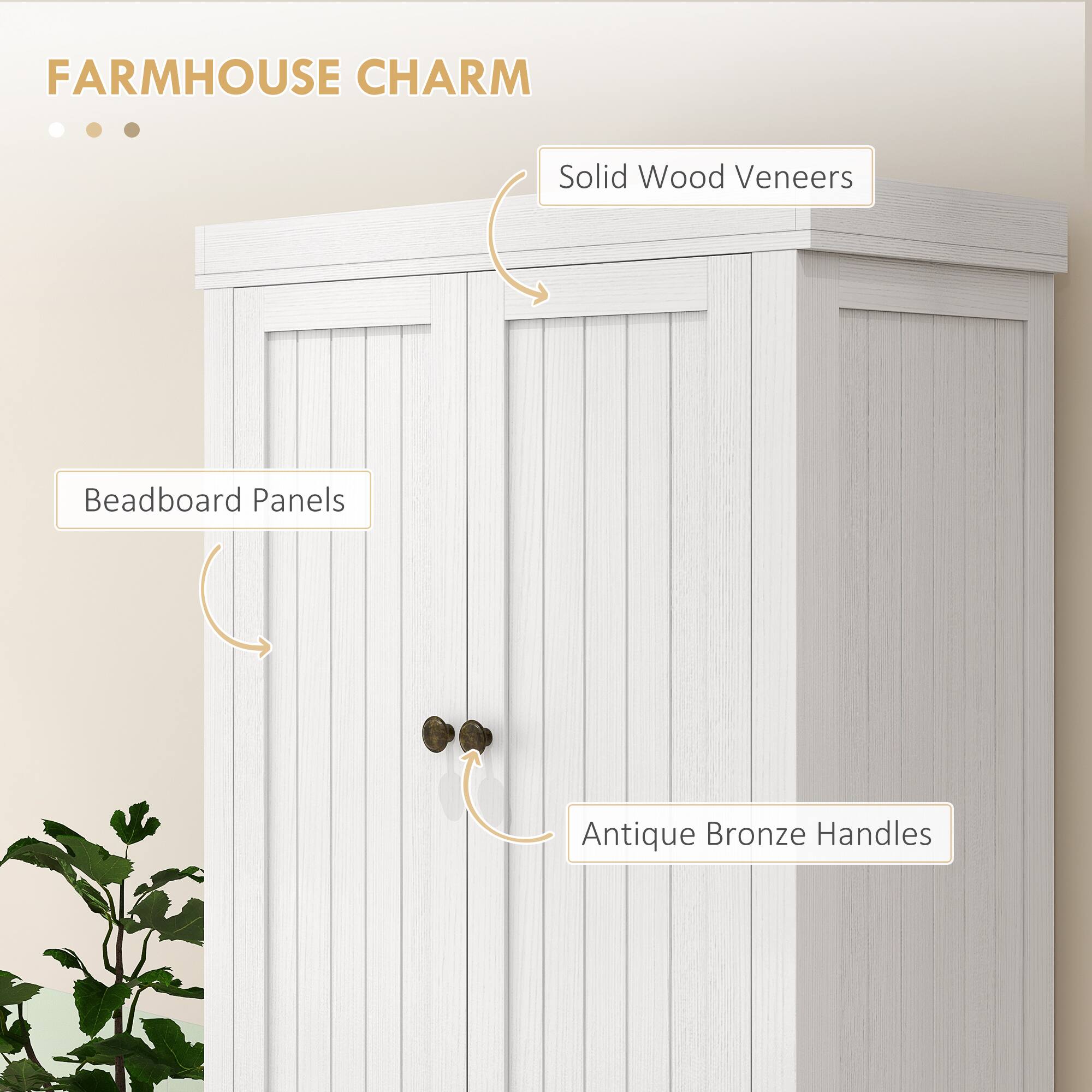 FARMHOUSE CHARM

- Solid Wood Veneers
- Beadboard Panels
- Antique Bronze Handles