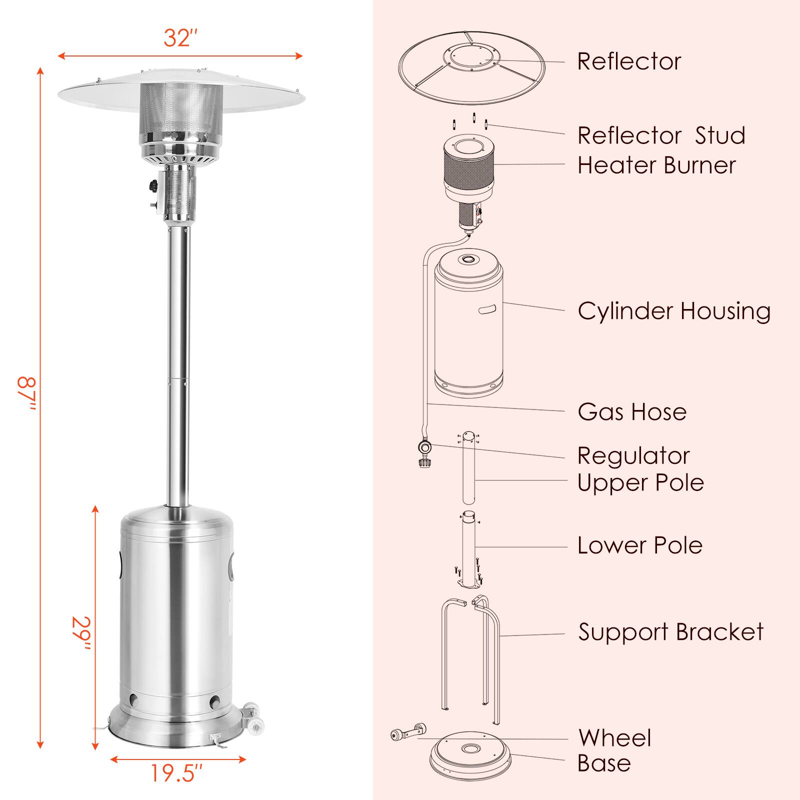 32"
Reflector
Reflector Stud Heater Burner
87"
Cylinder Housing Gas Hose Regulator Upper Pole Lower Pole
29"
Support Bracket
19.5"
Wheel Base