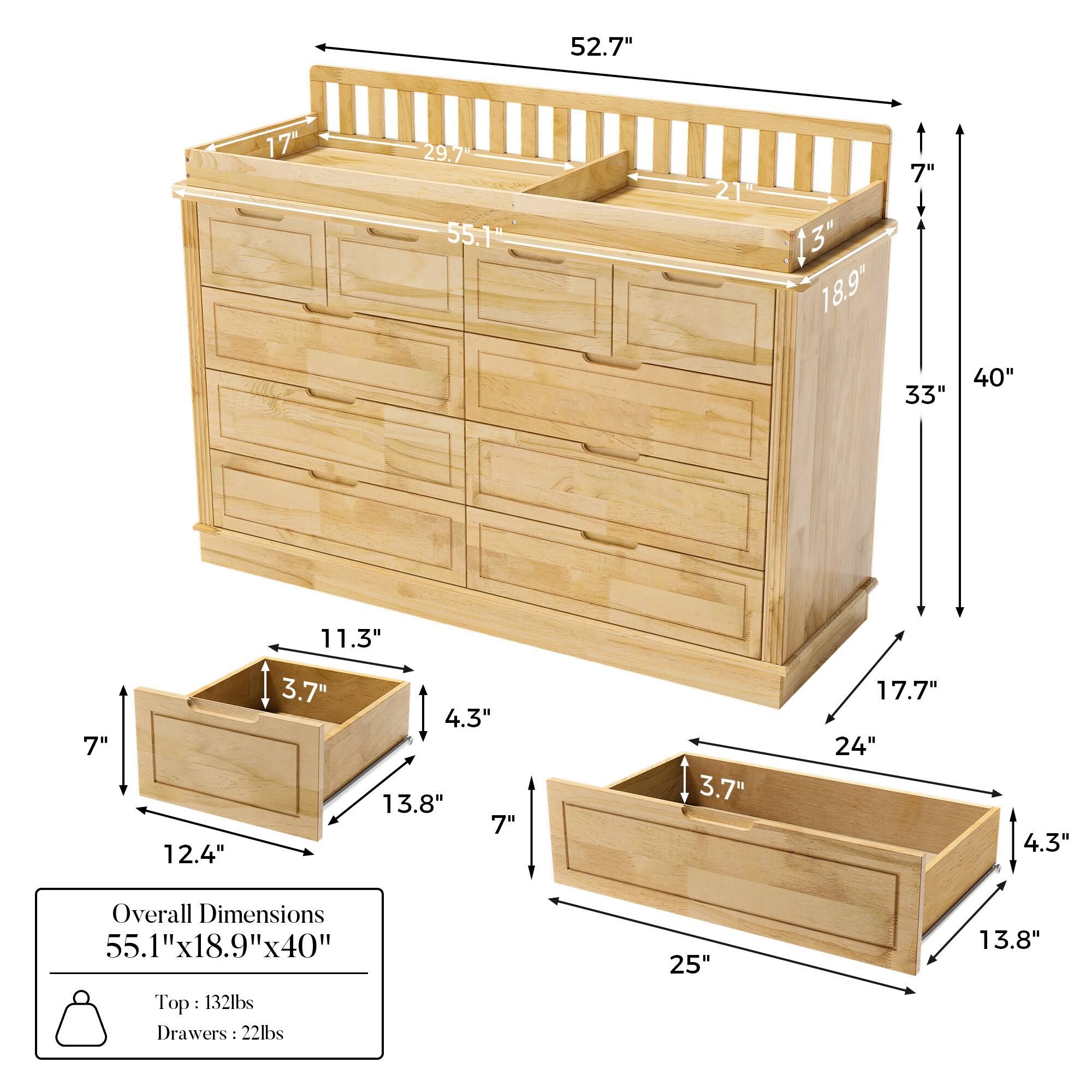 Overall Dimensions: 55.1" x 18.9" x 40"

Top: 132 lbs
Drawers: 22 lbs

- 52.7" (width)
- 55.1" (depth)
- 40" (height)
- 17" (height of top surface)
- 29.7" (width of top surface)
- 21" (depth of top surface)
- 13" (depth of top surface)
- 18.9" (height of drawers)
- 33" (height of side)
- 40" (height of side)
- 12.4" (width of drawer)
- 11.3" (depth of drawer)
- 3.7" (height of drawer)
- 4.3" (width of drawer)
- 13.8" (depth of drawer)
- 17.7" (height of bottom drawer)
- 24" (width of bottom drawer)
- 25" (depth of bottom drawer)
- 3.7" (height of bottom drawer)
- 4.3" (width