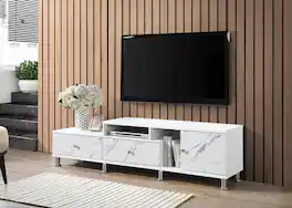Spaco - Modern TV Stand for 60" TVs, Media Console with Faux Marble Top and Silver Legs, 2 Shelves 2 Drawers 1 Door - White