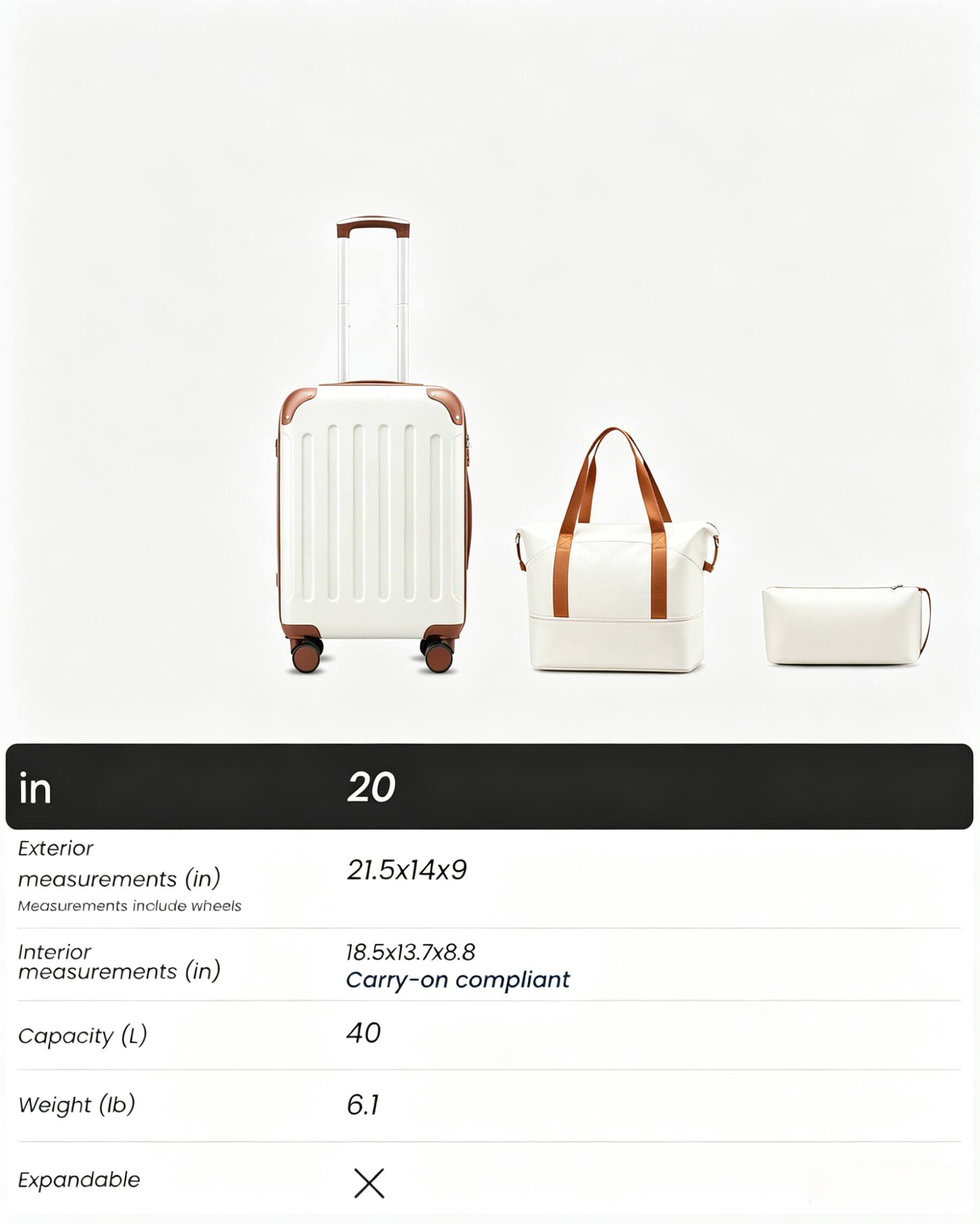- Exterior measurements (in): 21.5x14x9
- Interior measurements (in): 18.5x13.7x8.8
- Carry-on compliant
- Capacity (L): 40
- Weight (lb): 6.1
- Expandable: X
