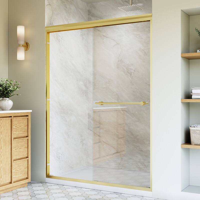 Left. WELLFOR - 50-54 in. W x 72 in. H Framed Sliding Shower Door with 1/4 in. Clear Tempered Safety Glass,Reversible - Brushed Gold.