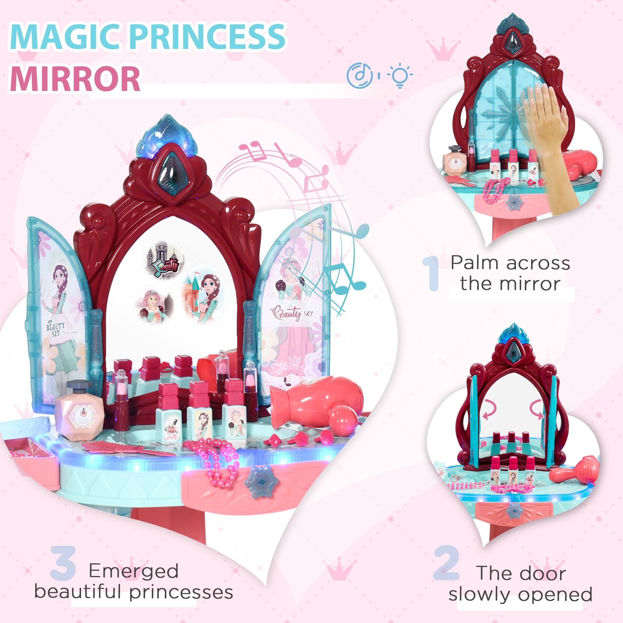 MAGIC PRINCESS MIRROR

1. Palm across the mirror
2. The door slowly opened
3. Emerged beautiful princesses