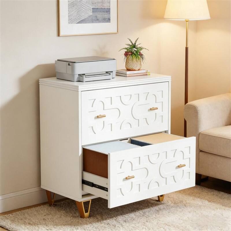 Alt View 2. HTUTWOO - 31.52"L Multi-Functional File Cabinet - Nordic Style 2-Drawer Storage Filing Cabinet With Metal Handles, Anti-Tip Straps - White.
