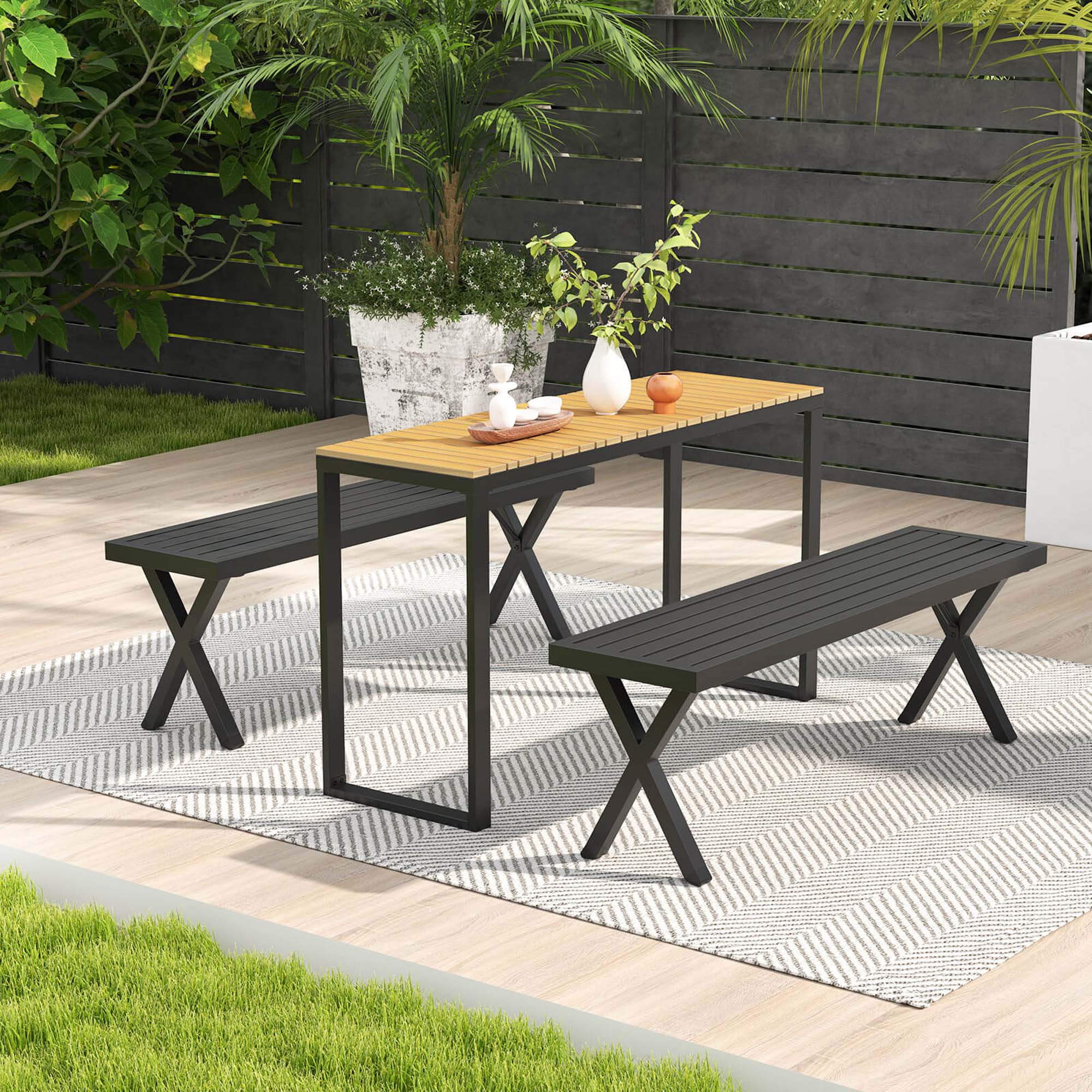 Alt View 1. Costway - Costway 2 PCS 54" Patio Metal Bench with Slatted Seat & X Legs Backless Loveseat for Yard - Black.