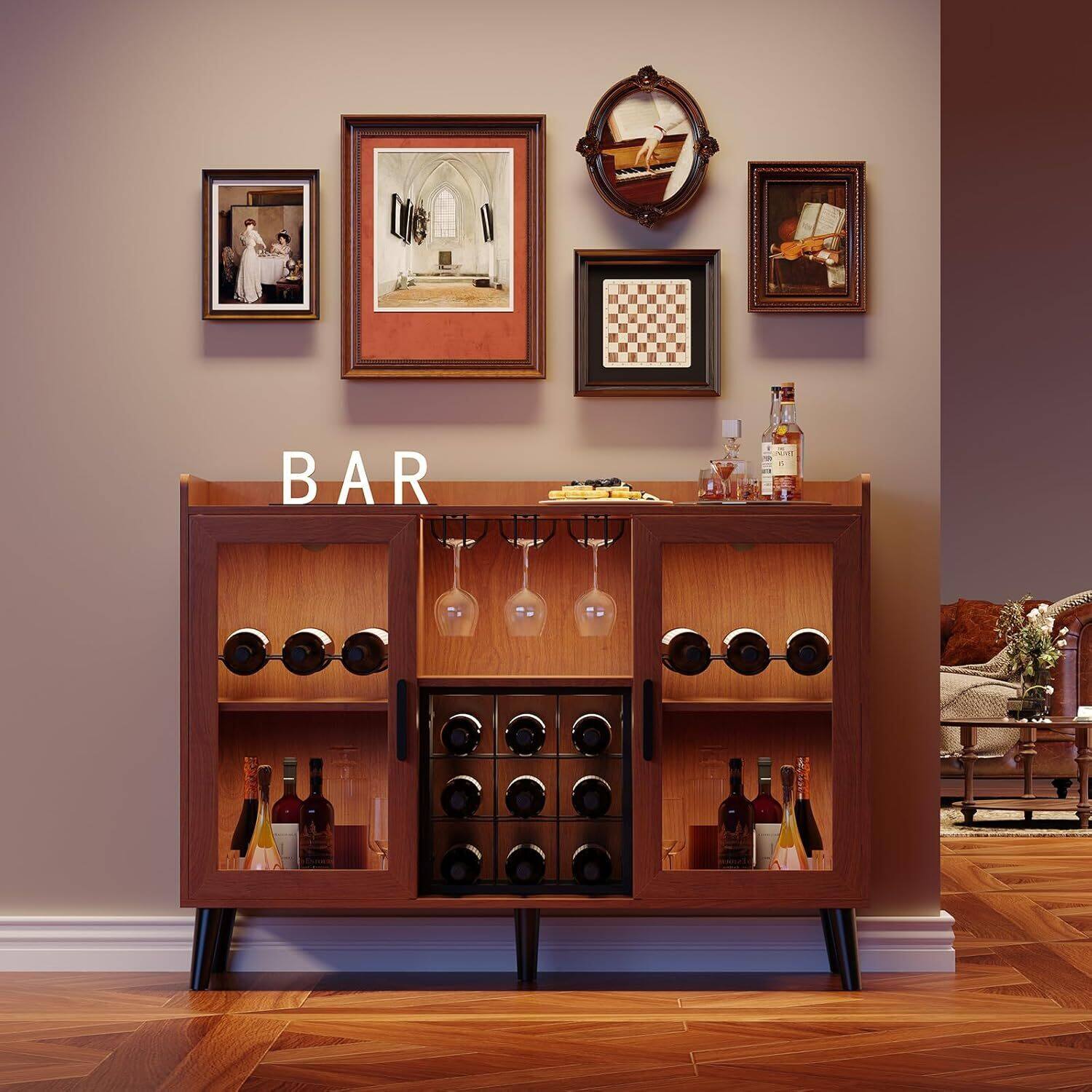 Left. GARVEE - Walnut Color Freestanding Liquor Cabinet with LED Light Wine Bar Cabinet for Home Wine and Coffee Bar - Walnut.