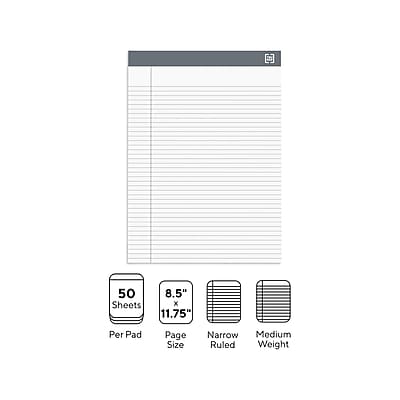 50 Sheets Per Pad  
8.5" x 11.75" Page Size  
Narrow Ruled  
Medium Weight