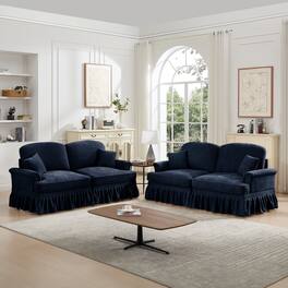Anysun - Classic 2-Piece Chenille Sofa Set - Flared Arms, Ruffled Skirt & Spindle Legs (2+2 Seat Sofa) for Living Room - Blue