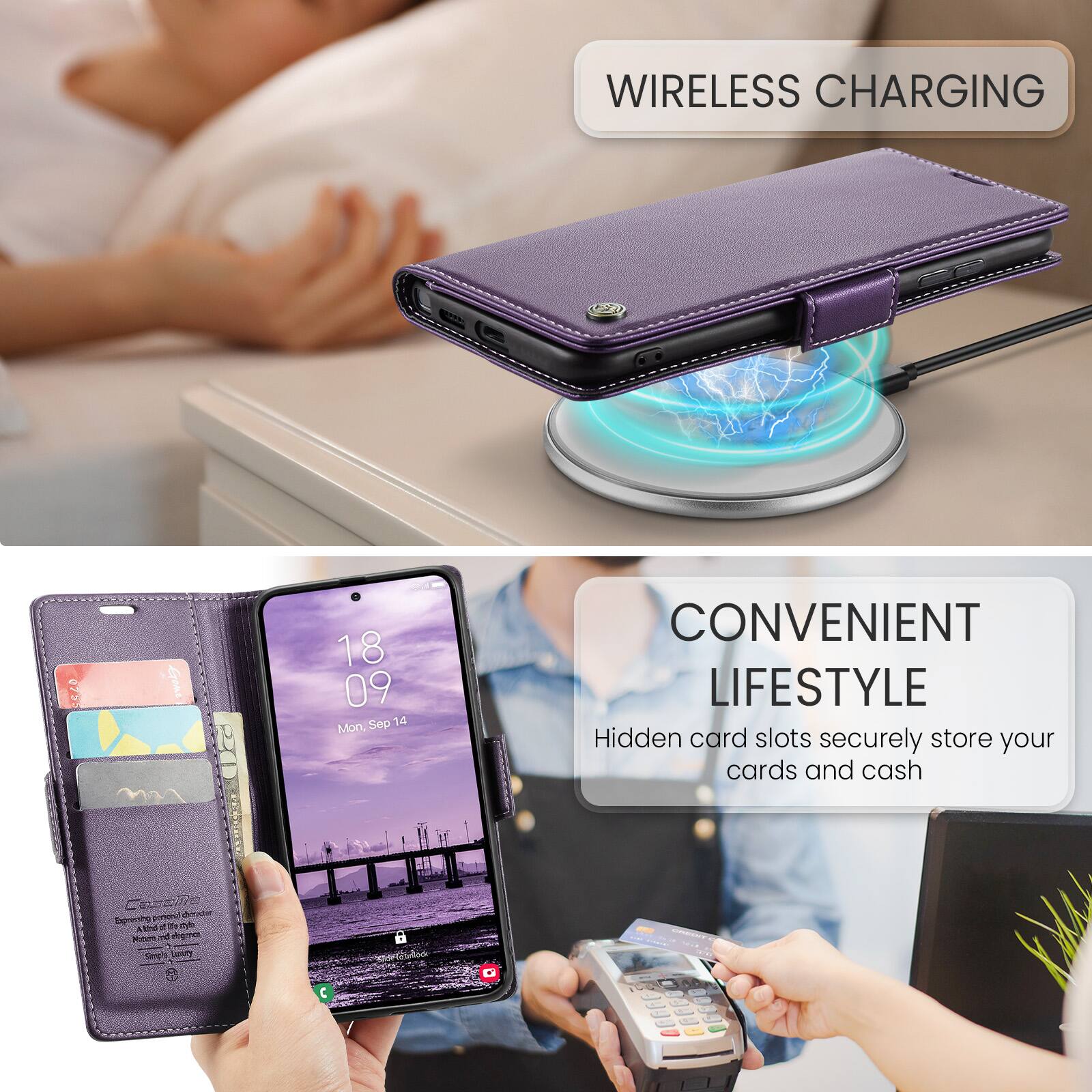WIRELESS CHARGING

CONVENIENT LIFESTYLE
Hidden card slots securely store your cards and cash