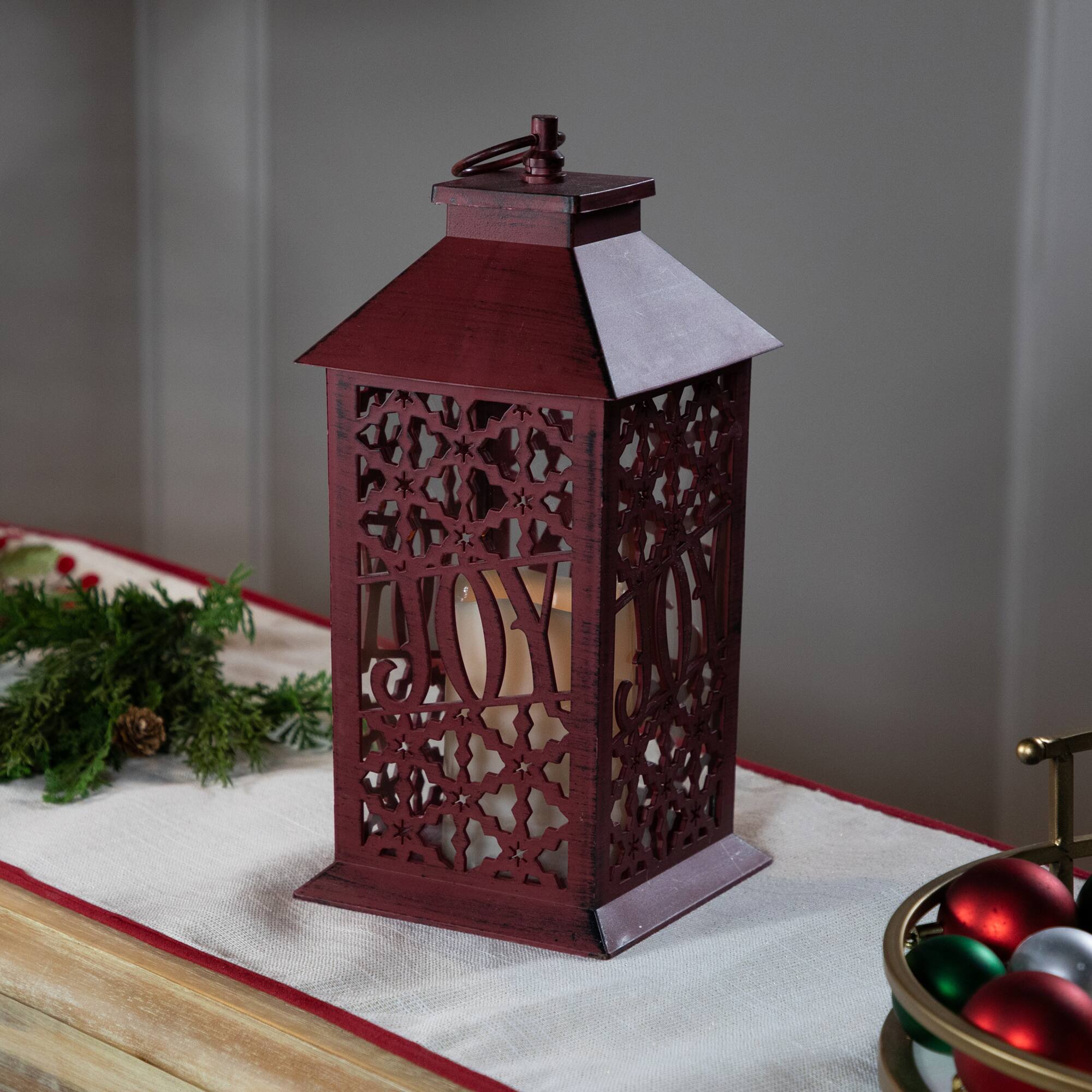Front. Northlight - Snowflakes "Joy" Christmas Candle Lantern - 11" - Red.