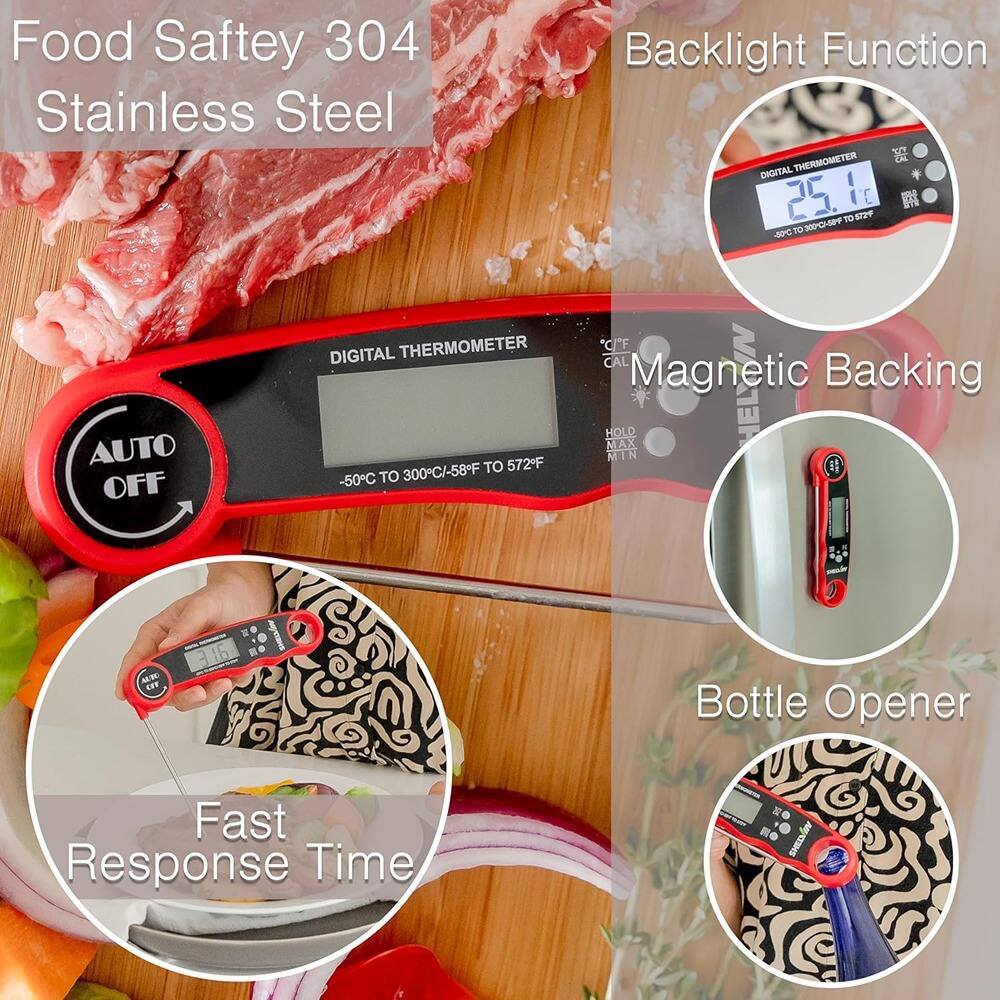 Food Safety 304 Stainless Steel

Backlight Function

Magnetic Backing

Bottle Opener

Fast Response Time

DIGITAL THERMOMETER
-50°C TO 300°C/-58°F TO 572°F

AUTO OFF

HOLD MAX MIN