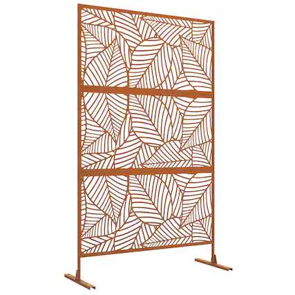 Front. Outsunny - Metal Outdoor Privacy Screen, Decorative Privacy Fence Screen, Outdoor Divider with Leaf Motif - Brown.