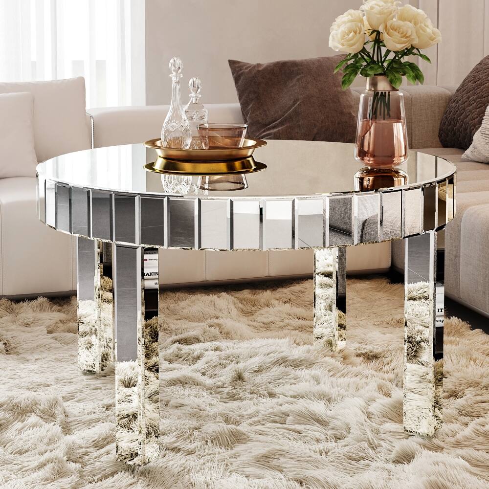 Left. Loheer - Loheer silver round mirrored coffee table, fluted mirror design center table, 31.5 inch - Silver.