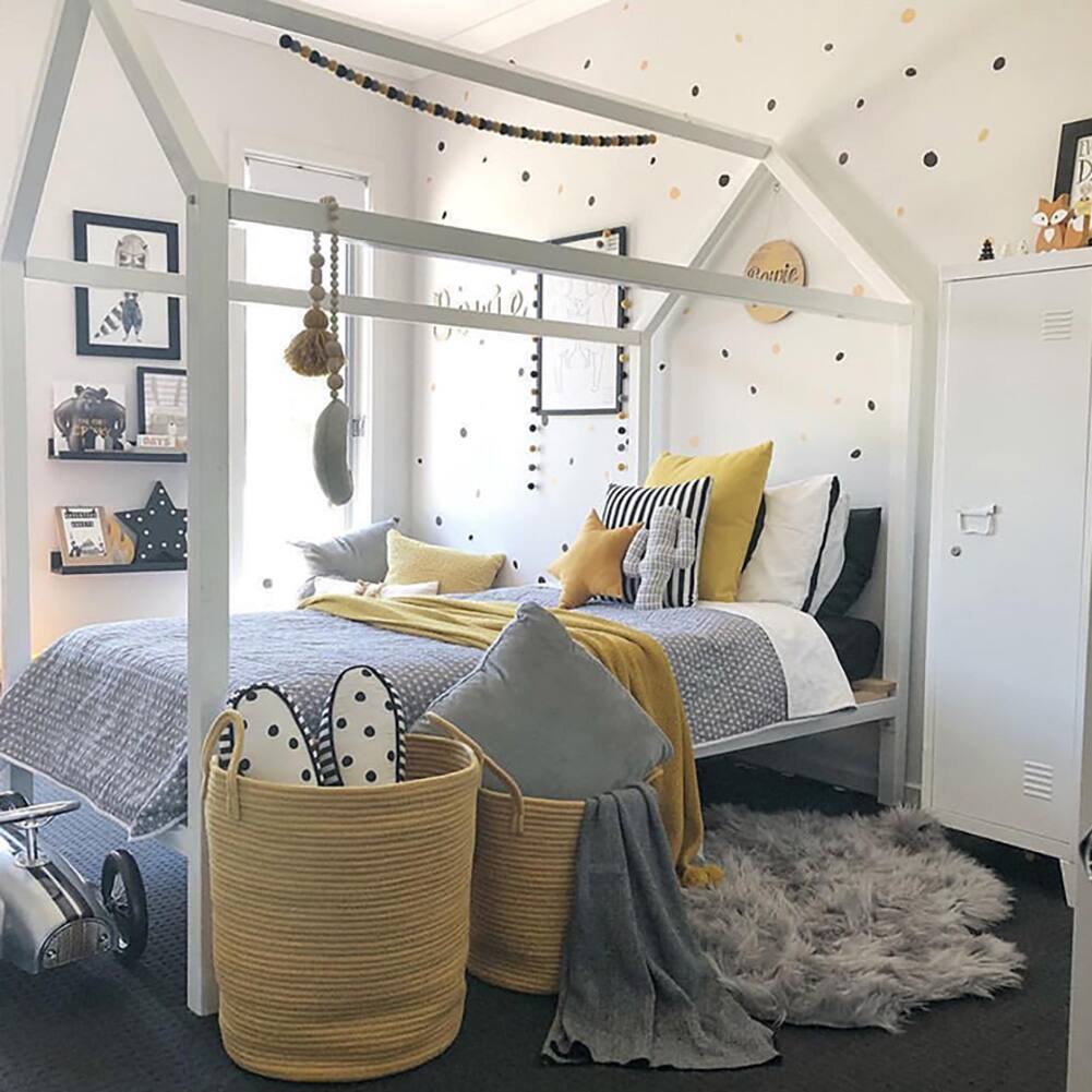 Angle. SlickBlue - Large Cotton Rope Woven Storage Basket with Handles for Blankets and Toys - Yellow.