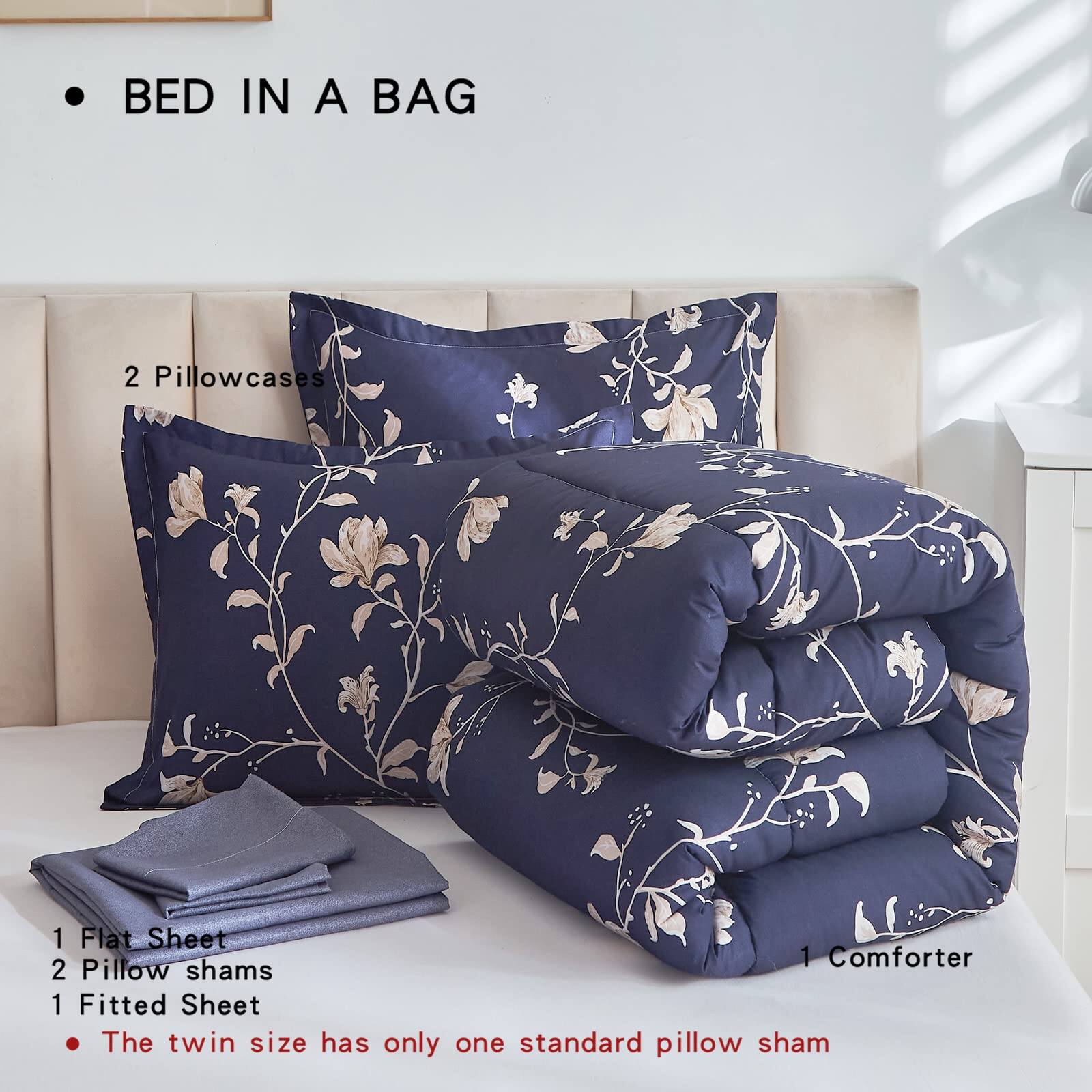 - BED IN A BAG
  - 2 Pillowcases
  - 1 Flat Sheet
  - 2 Pillow shams
  - 1 Fitted Sheet
  - 1 Comforter
  - The twin size has only one standard pillow sham