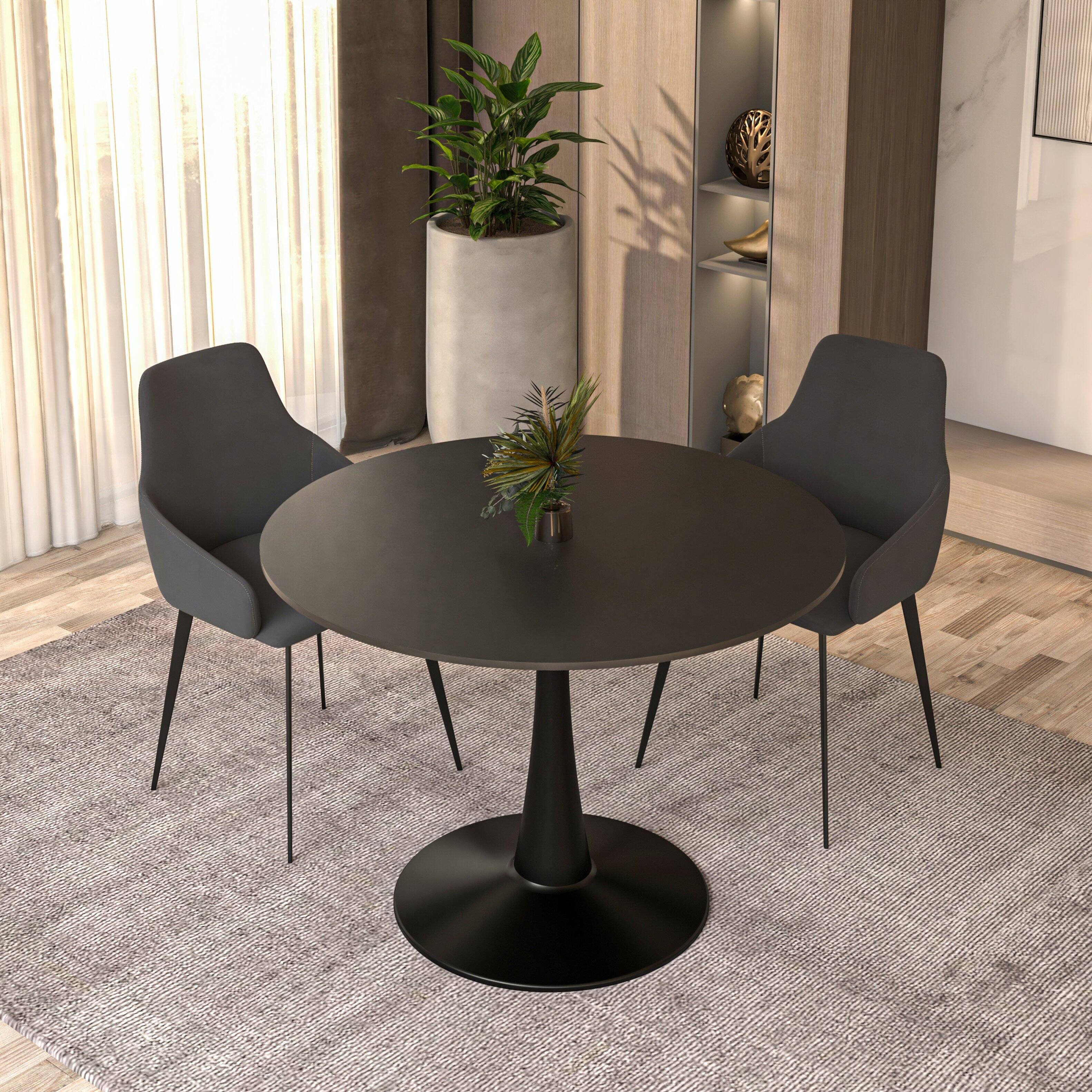 Left. LeisureMod - Bristol 40" Minimalist Round Pedestal Dining Table - Space-Saving Kitchen Table with Powder-Coated Steel Base - MDF - Black.