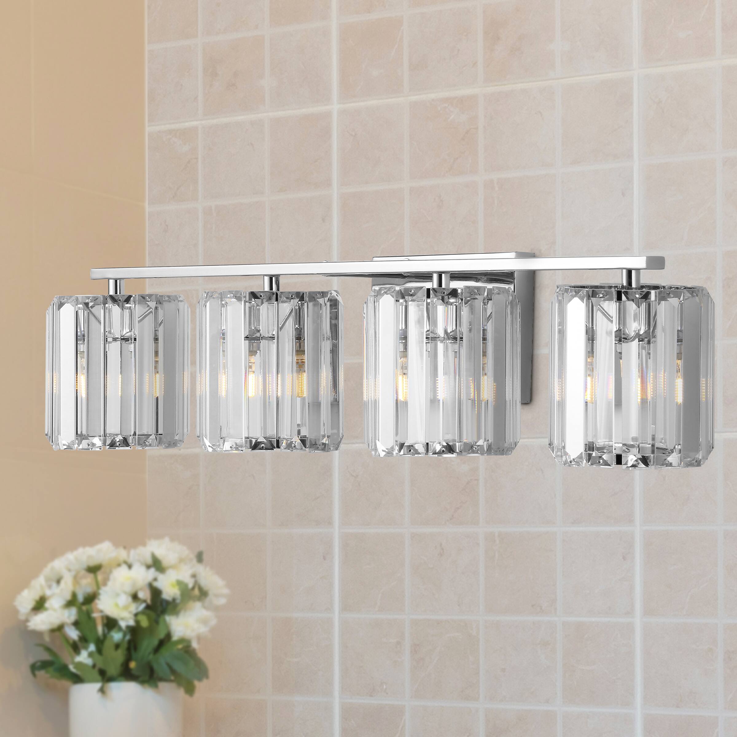 Alt View 1. Jonathan Y - Coco Prism Vintage 29.75" 4-Light Metal/Glass Classic Glam LED Vanity Light, Chrome - Chrome.