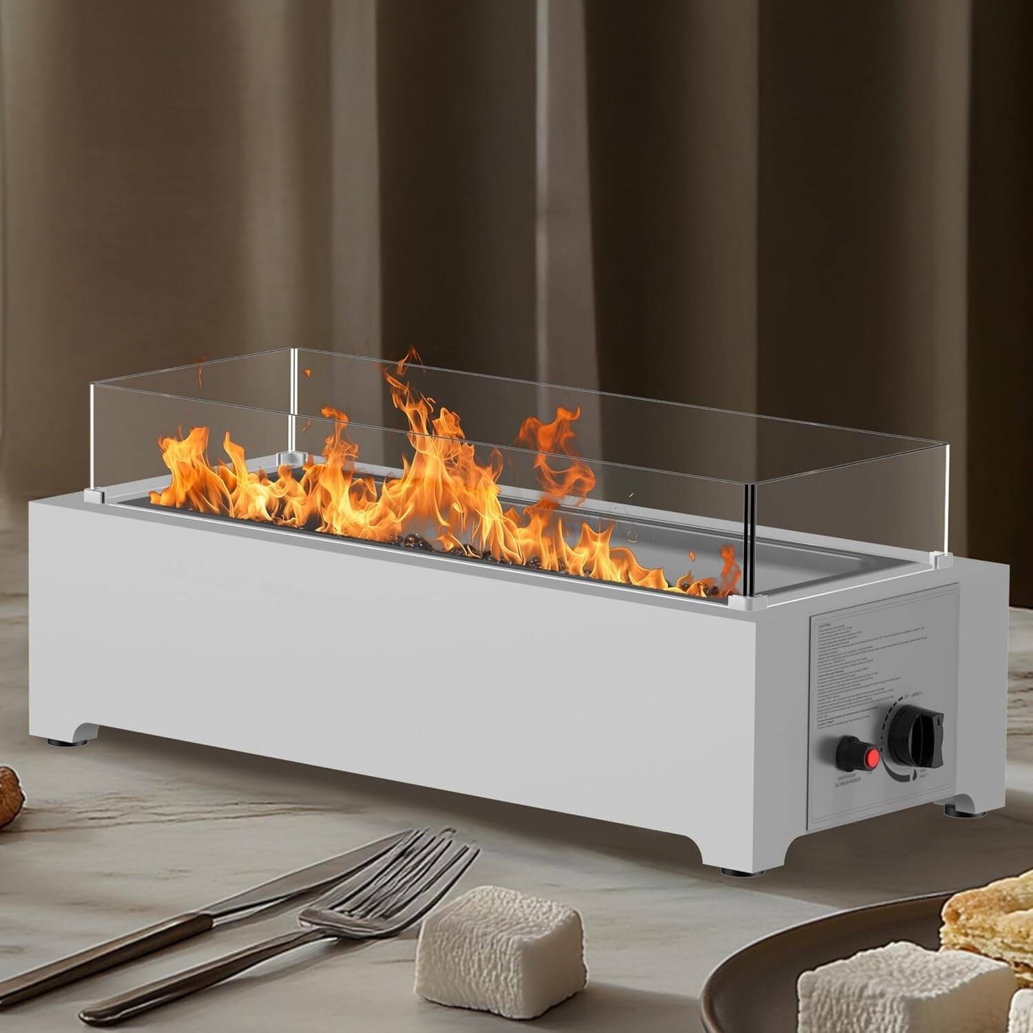 U-HOMY - 31.5" Stainless Steel Propane Fire Pit Table, 40,000 BTU Tabletop Gas Fire Bowl with Glass Rocks & Wind Guard