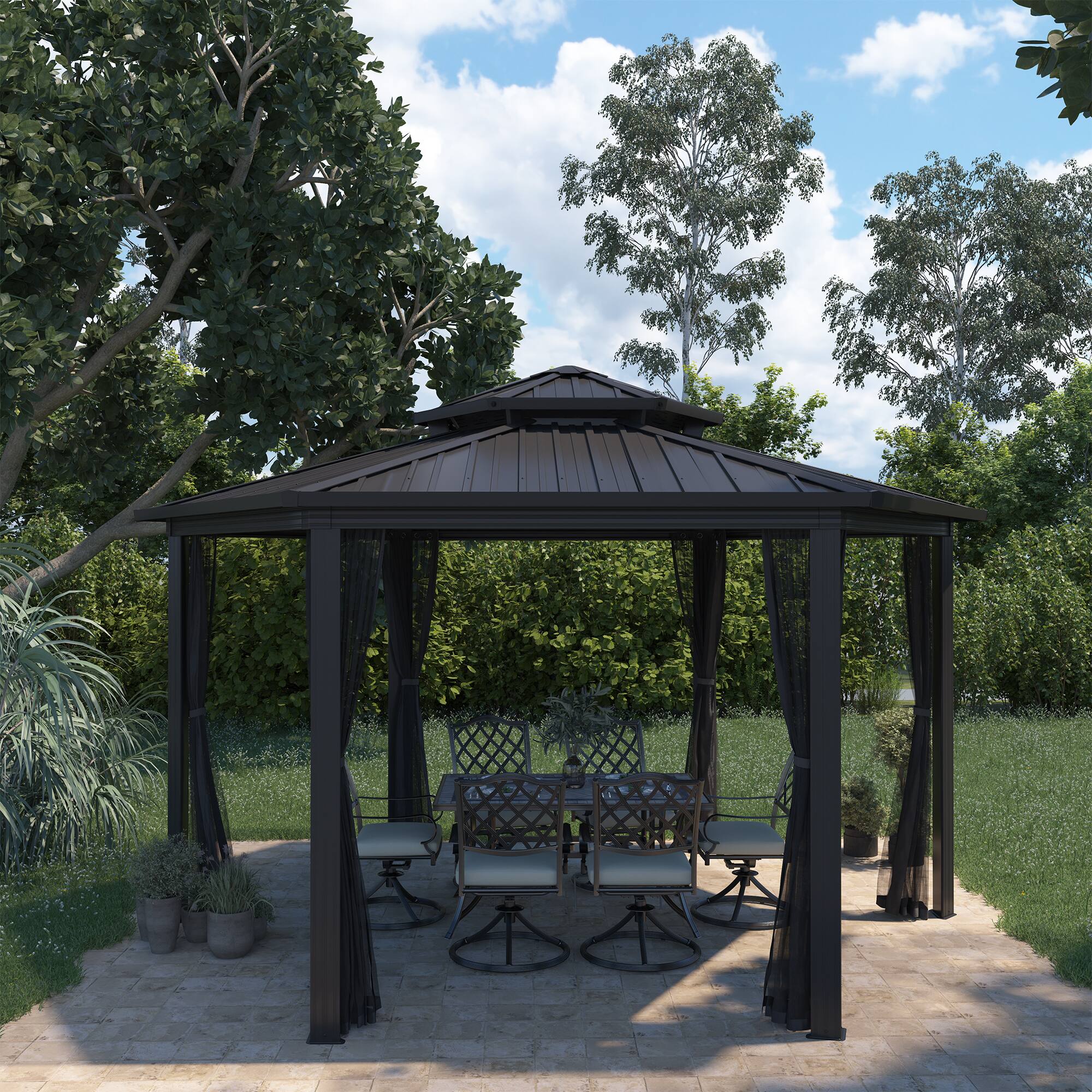 Left. Mondawe - 15x15Ft Hardtop Gazebo Outdoor Hexagon Gazebo with Iron Double Roof Aluminum Frame and Nettings - Black.