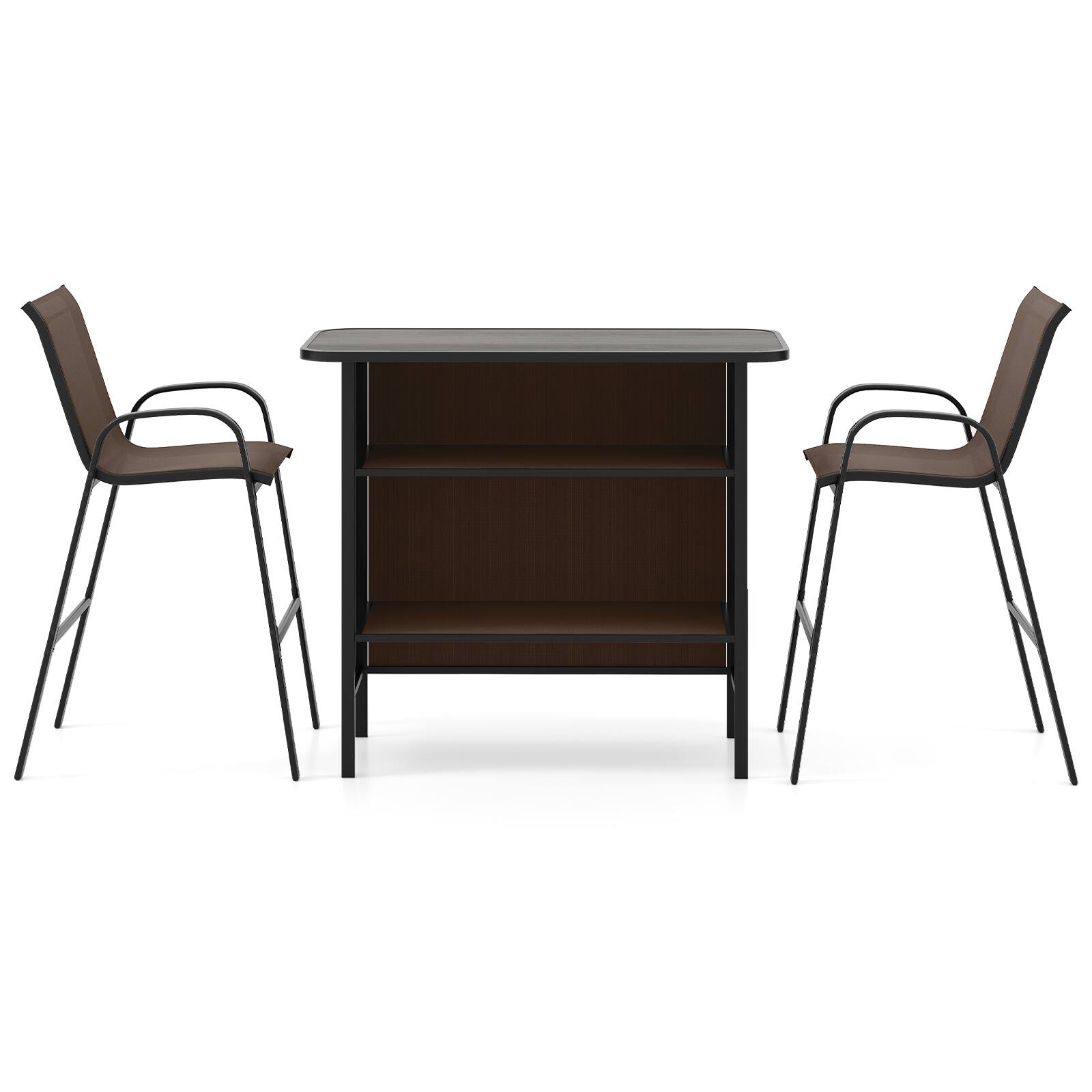 Front. Gymax - Gymax Set Of 3 Outdoor Bar Set Bar Height Table & Armchairs w/ Footrest 2-Tier Shelf Brown - Coffee.