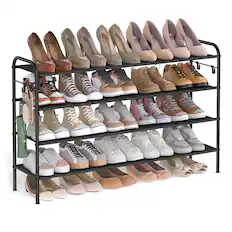 Front. Songmics Home - Shoe Rack, 4 Tier Shoe Organizer, Fabric Shoe Shelf Storage with 4 Hooks, Holds up to 24 Pairs of Shoes - Ink Black.