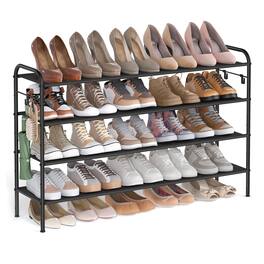Songmics Home - Shoe Rack, 4 Tier Shoe Organizer, Fabric Shoe Shelf Storage with 4 Hooks, Holds up to 24 Pairs of Shoes - Ink Black