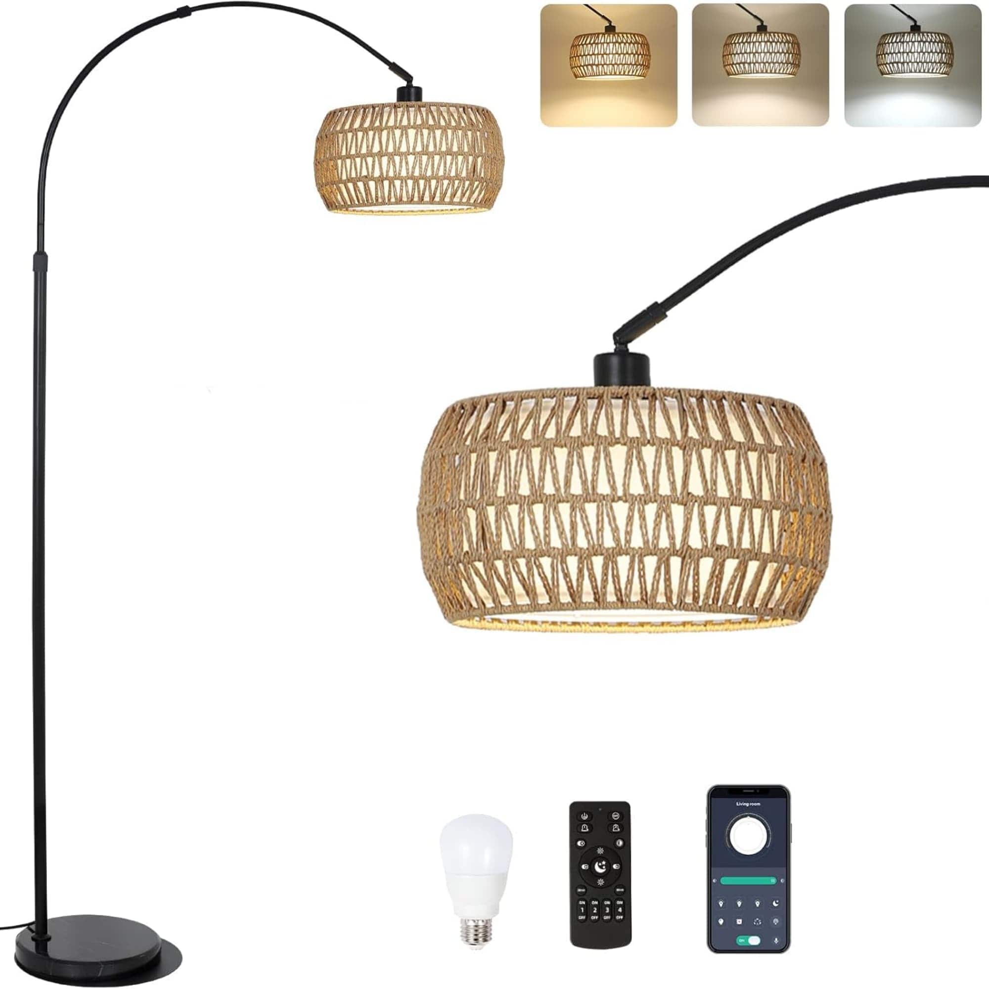 Luckbyte - Black Arc Floor Lamp Remote Dimmable 3 Color Temp Rattan Boho Reading Lamp for Couch