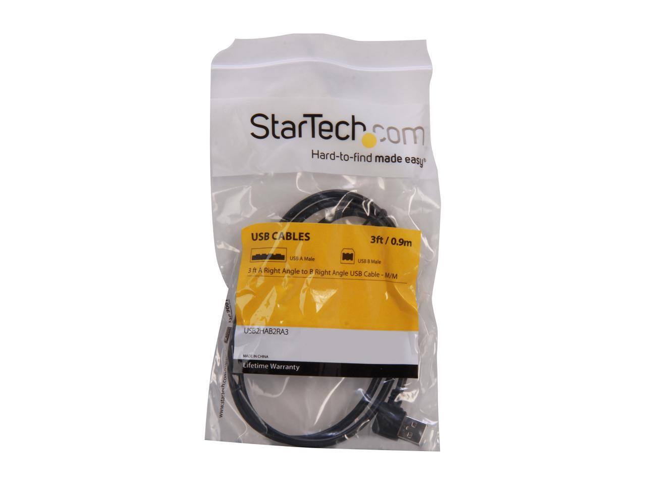 StarTech.com  
Hard-to-find made easy  
USB CABLES  
3ft / 0.9m  
USB A Male to USB B Male Right Angle USB Cable - M/M  
USB2HAB2RA3  
www.startech.com  
MADE IN CHINA  
Lifetime Warranty