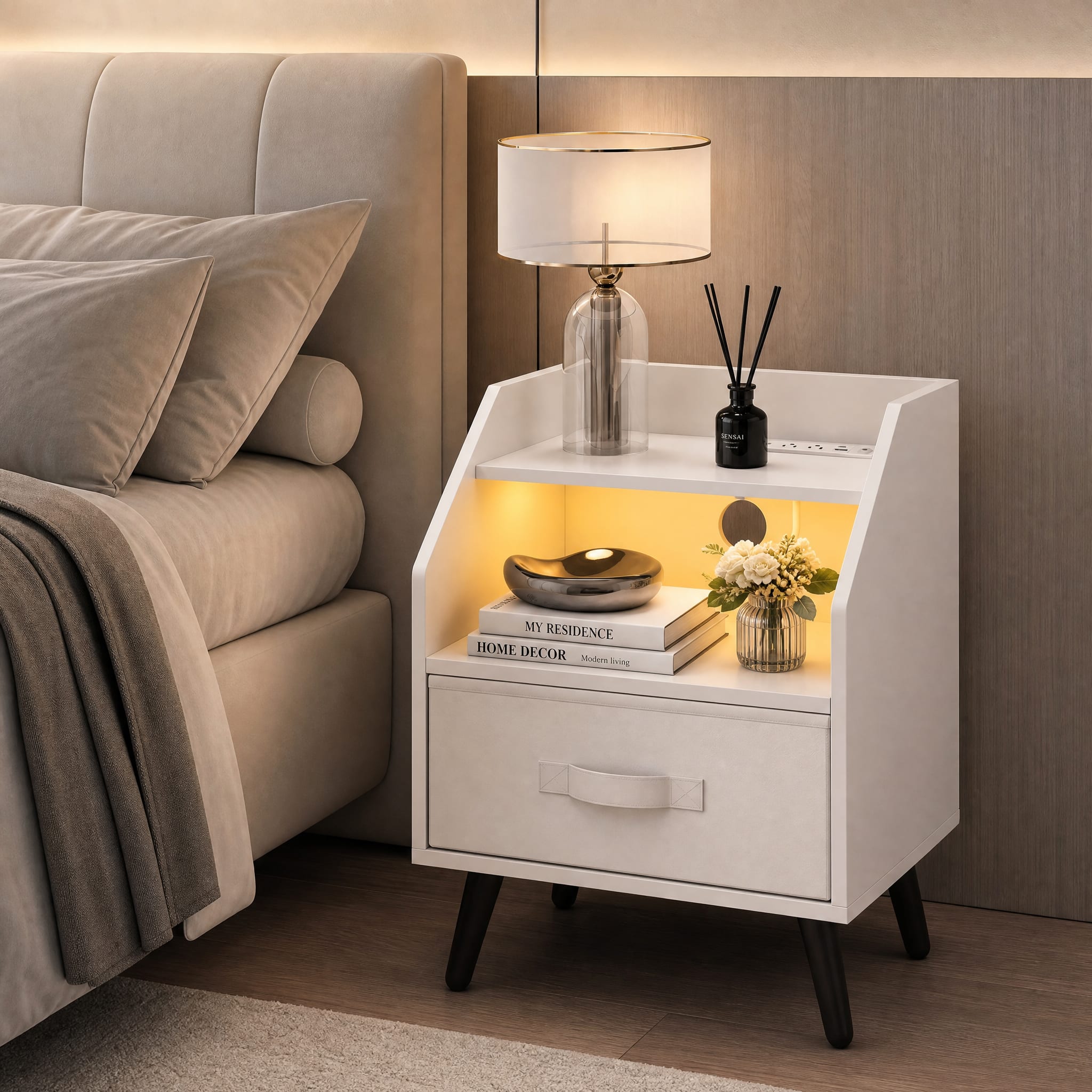 WELLFOR - Nightstand with Power Outlets and Open Storage Shelf - White
